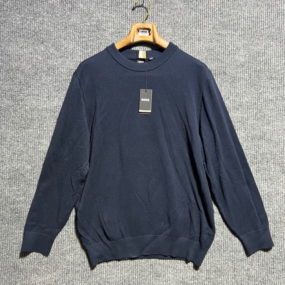 BOSS Sweater Mens XL Navy Blue Textured Knit Crewneck Designer Long Sleeve NWT